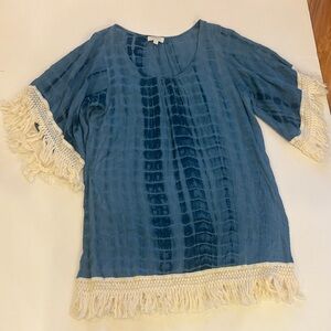 Umgee Blue Tunic with Cream Fringe Boho style!